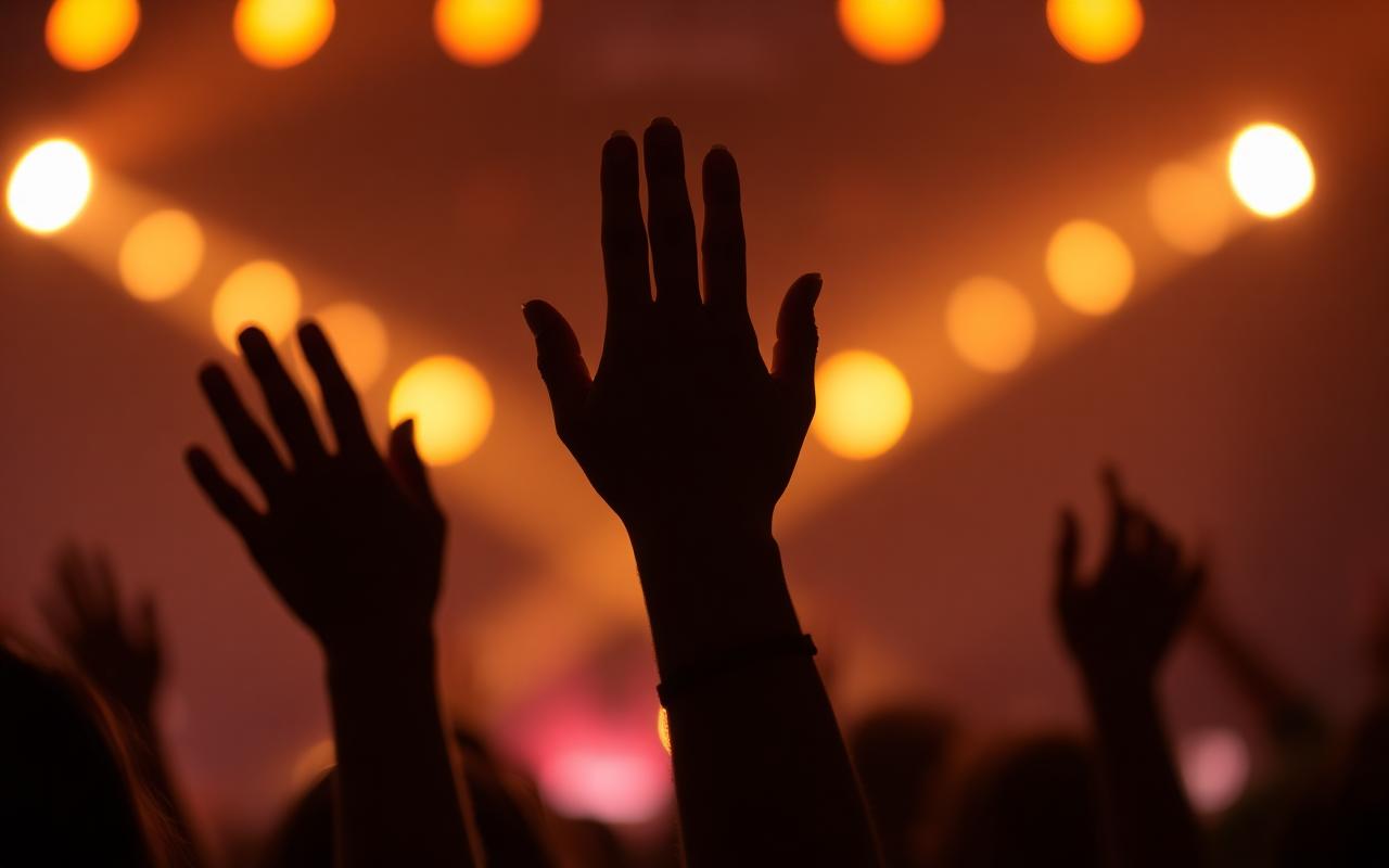 Worshippers with hands raised under warm stage lights